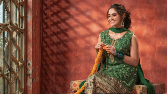 Model wearing Heena - a Pure Dola Silk Salwar Suit in Green