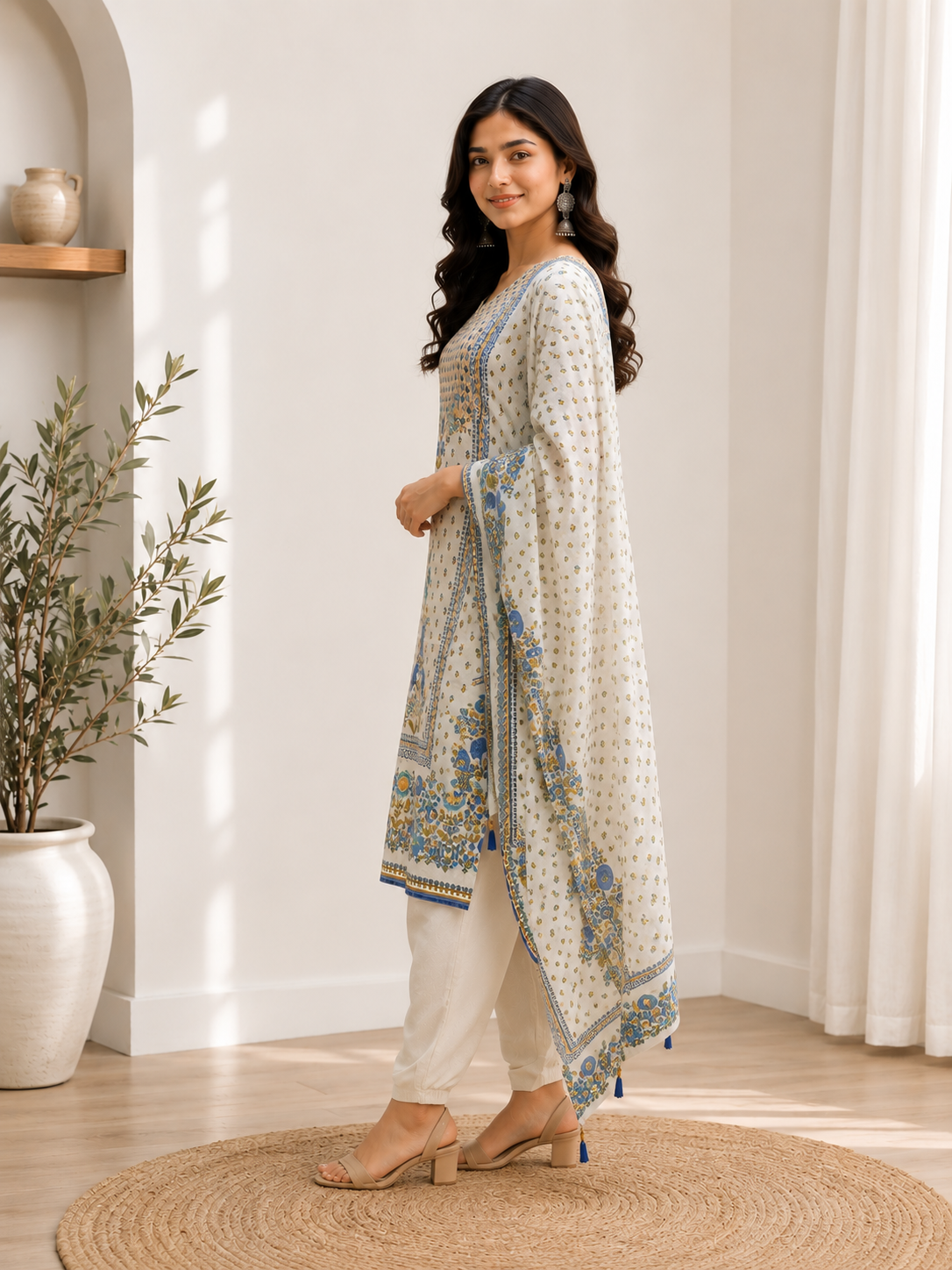 Shaba Premium Lawn Cotton Suit Set – White & Blue Floral Print