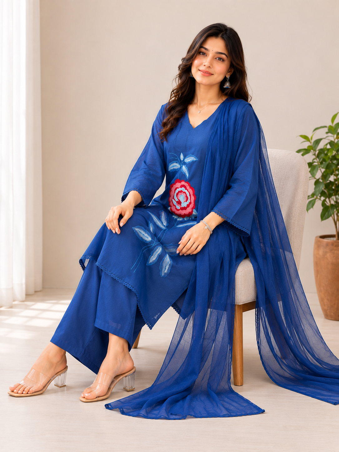 AIRA – Denim Blue Embroidered Suit Set