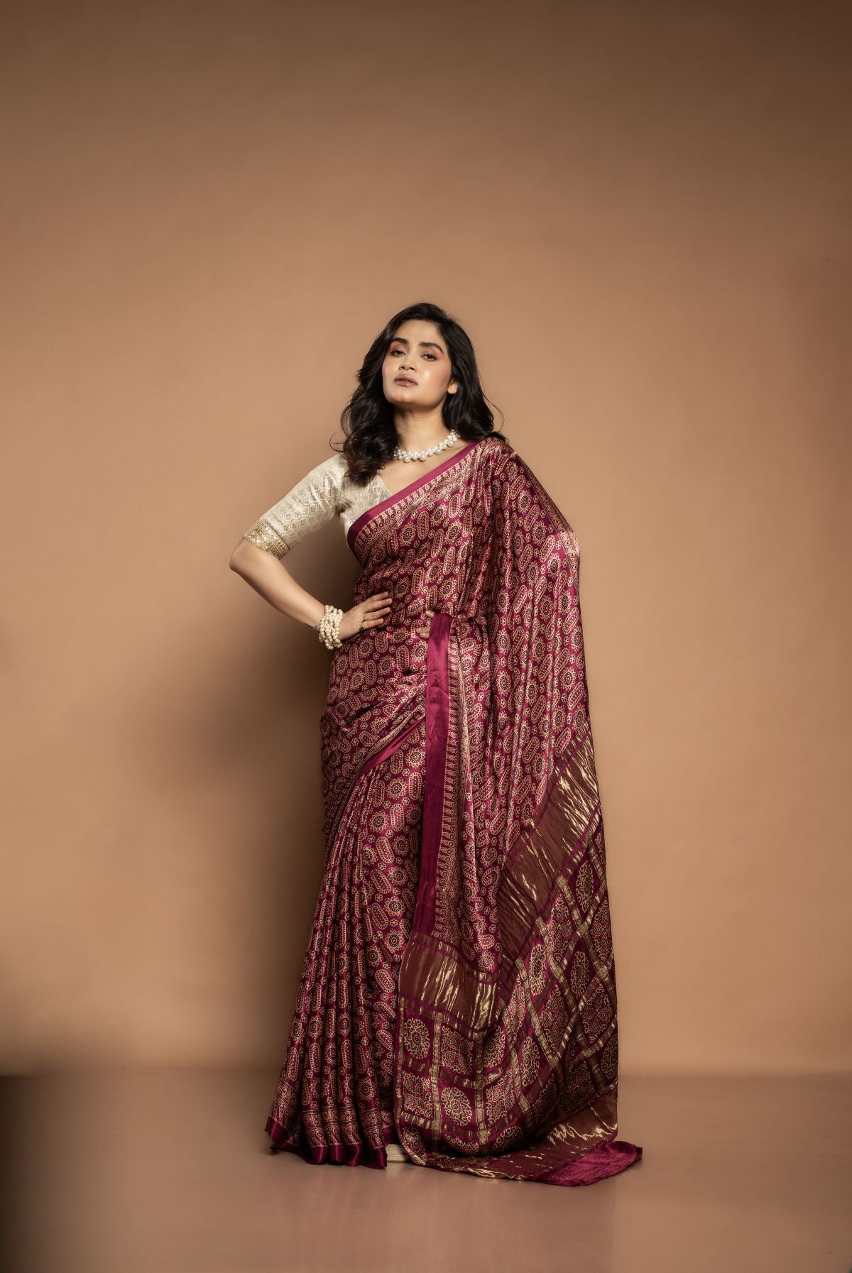 Antara | Premium Satin Modal Saree with Ajrak Block Prints in Rani pink/magenta