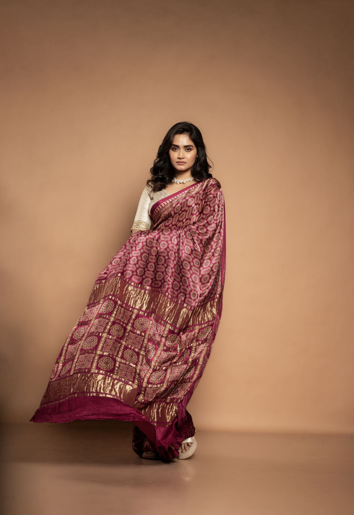 Antara | Premium Satin Modal Saree with Ajrak Block Prints in Rani pink/magenta
