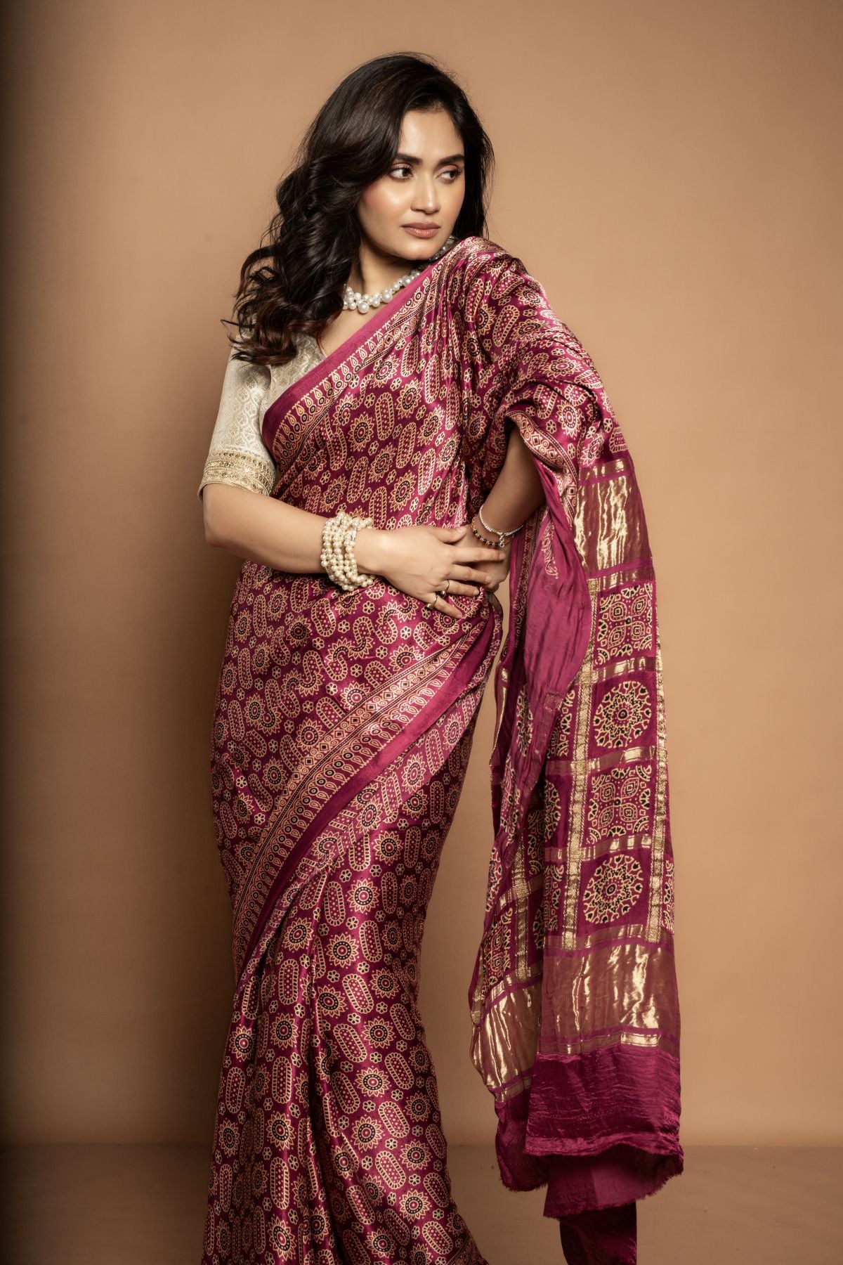 Antara | Premium Satin Modal Saree with Ajrak Block Prints in Rani pink/magenta