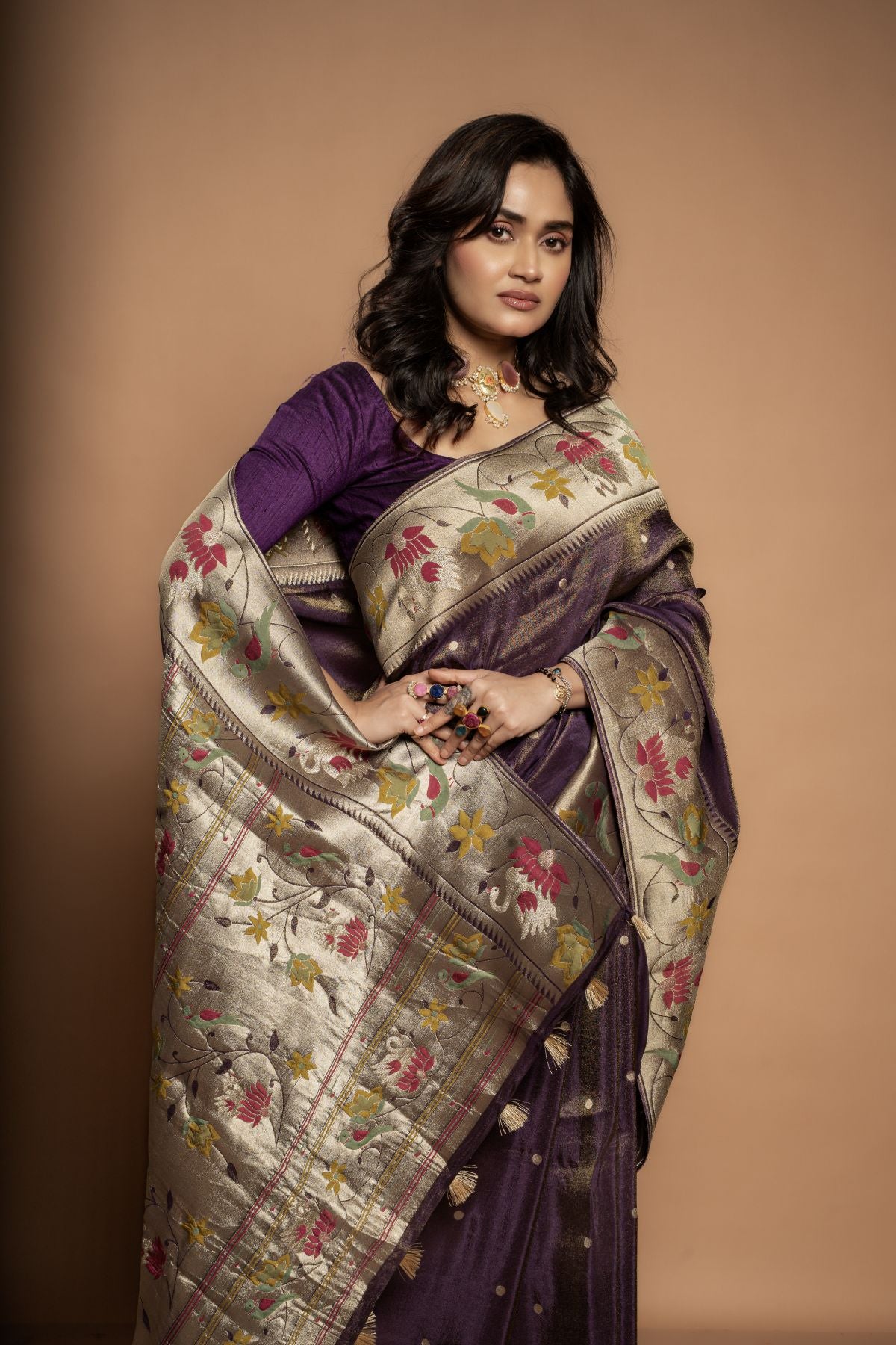 Charulata | Benaras Pure Tissue Saree with Paithani-Border in Jamuni