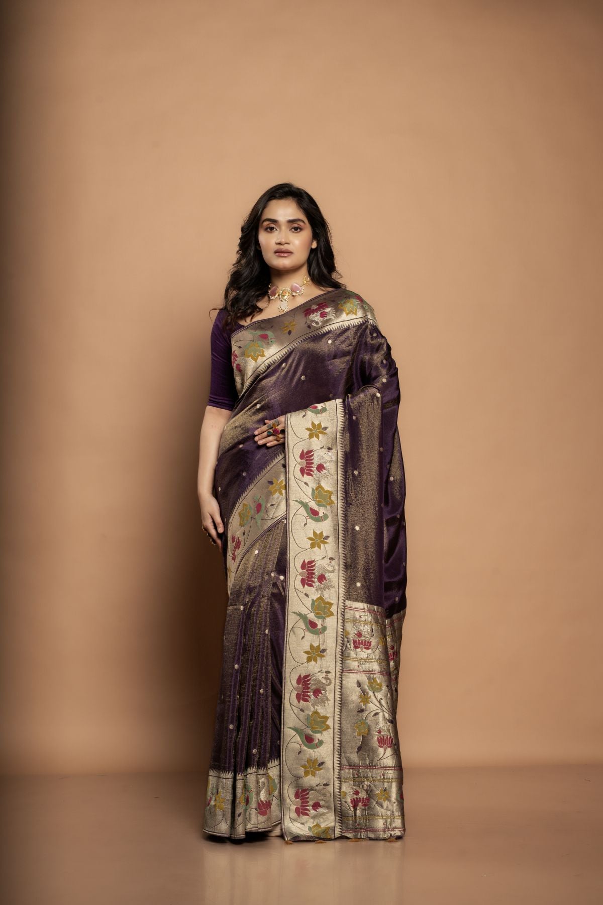 Charulata | Benaras Pure Tissue Saree with Paithani-Border in Jamuni