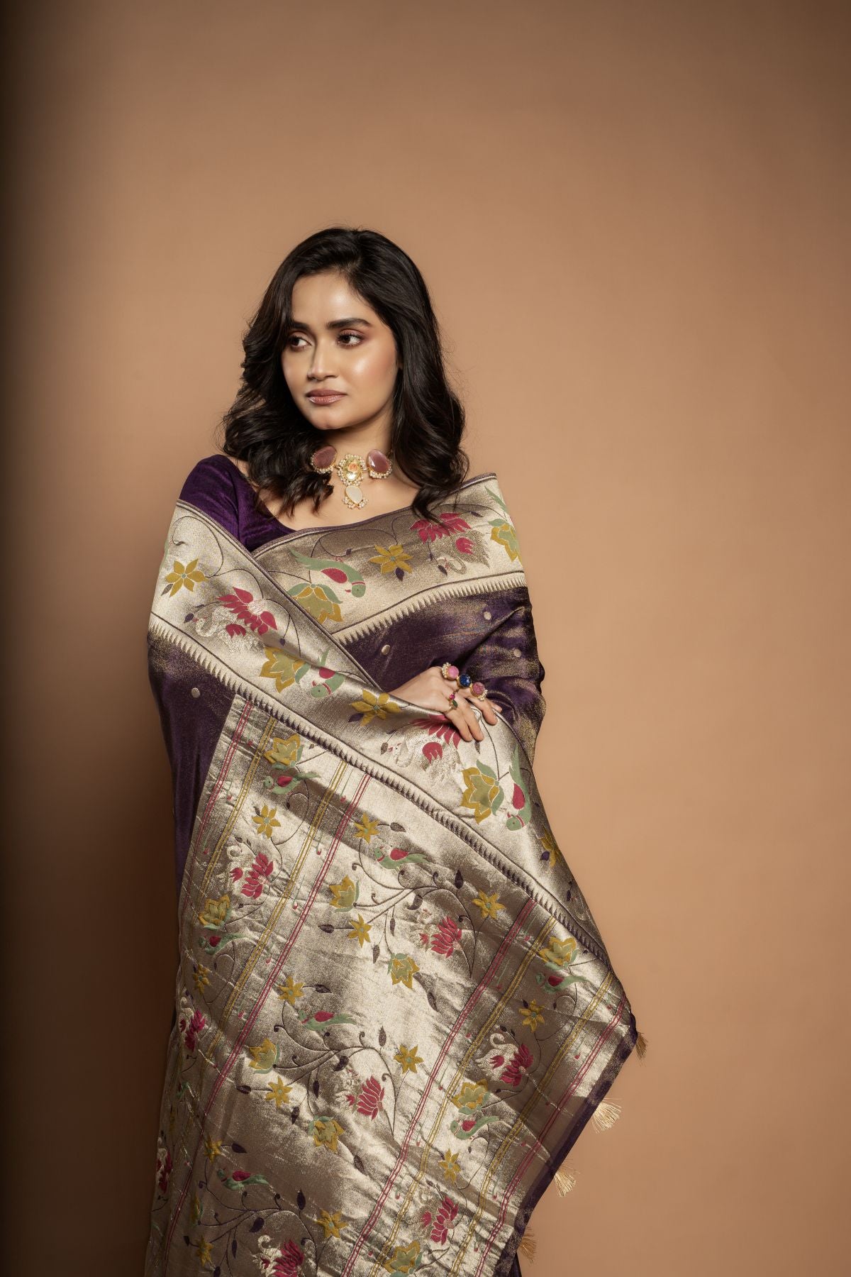 Charulata | Benaras Pure Tissue Saree with Paithani-Border in Jamuni