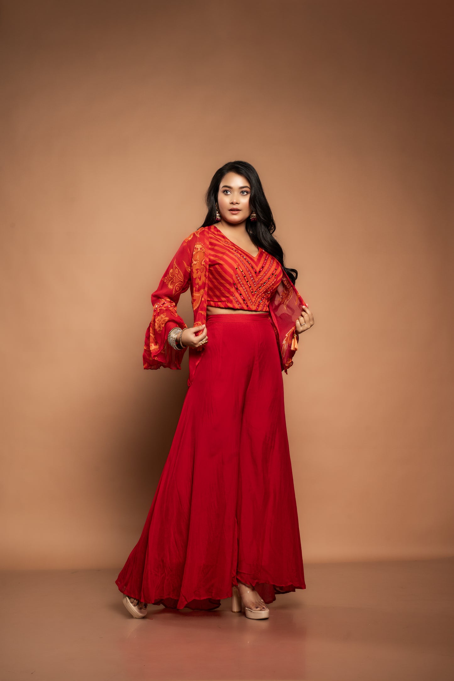Mohini | Organza Top & Shrug with Flared Pants in Red