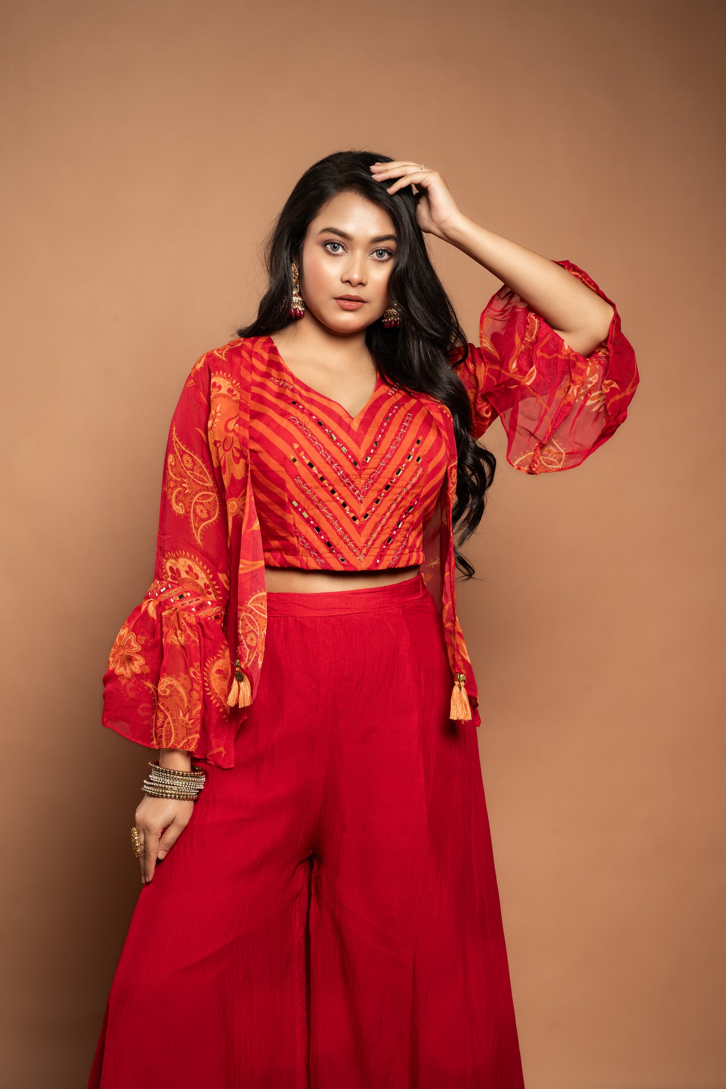 Mohini | Organza Top & Shrug with Flared Pants in Red