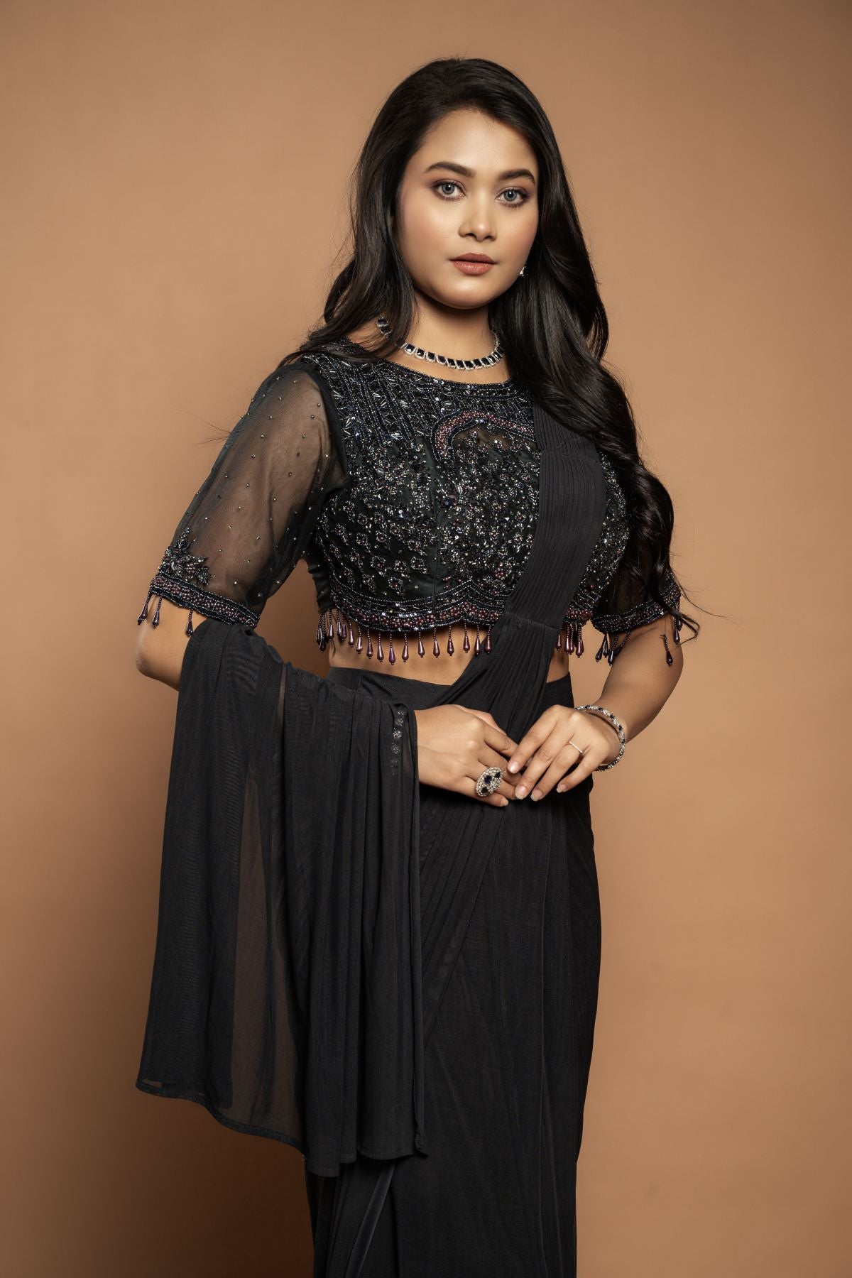 Nyra | Imported Soft Saree with Handwork Designer Blouse in Black