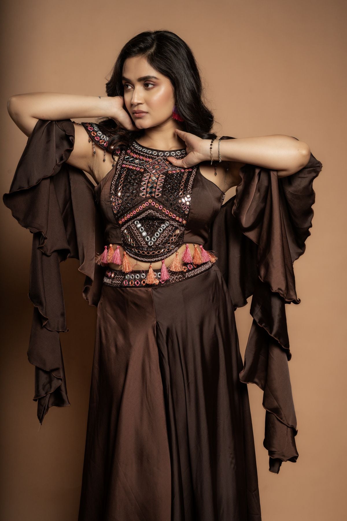 Sienna | Indo-Western Pure Satin Crop-Top Set with Mirror work in Chocolate Brown