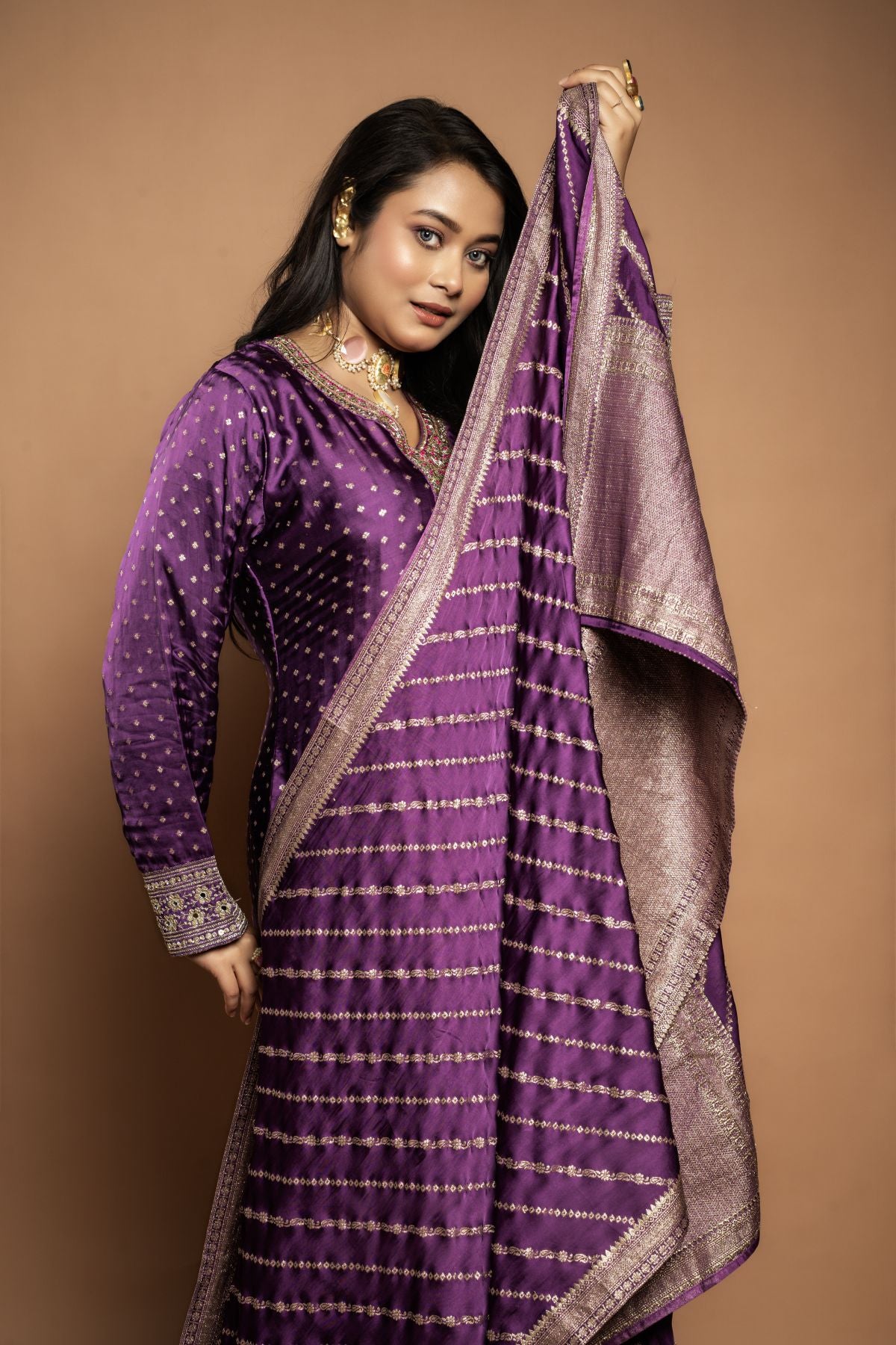 Jamini | Premium Satin Silk Kurta Sharara Dupatta Set in Purple