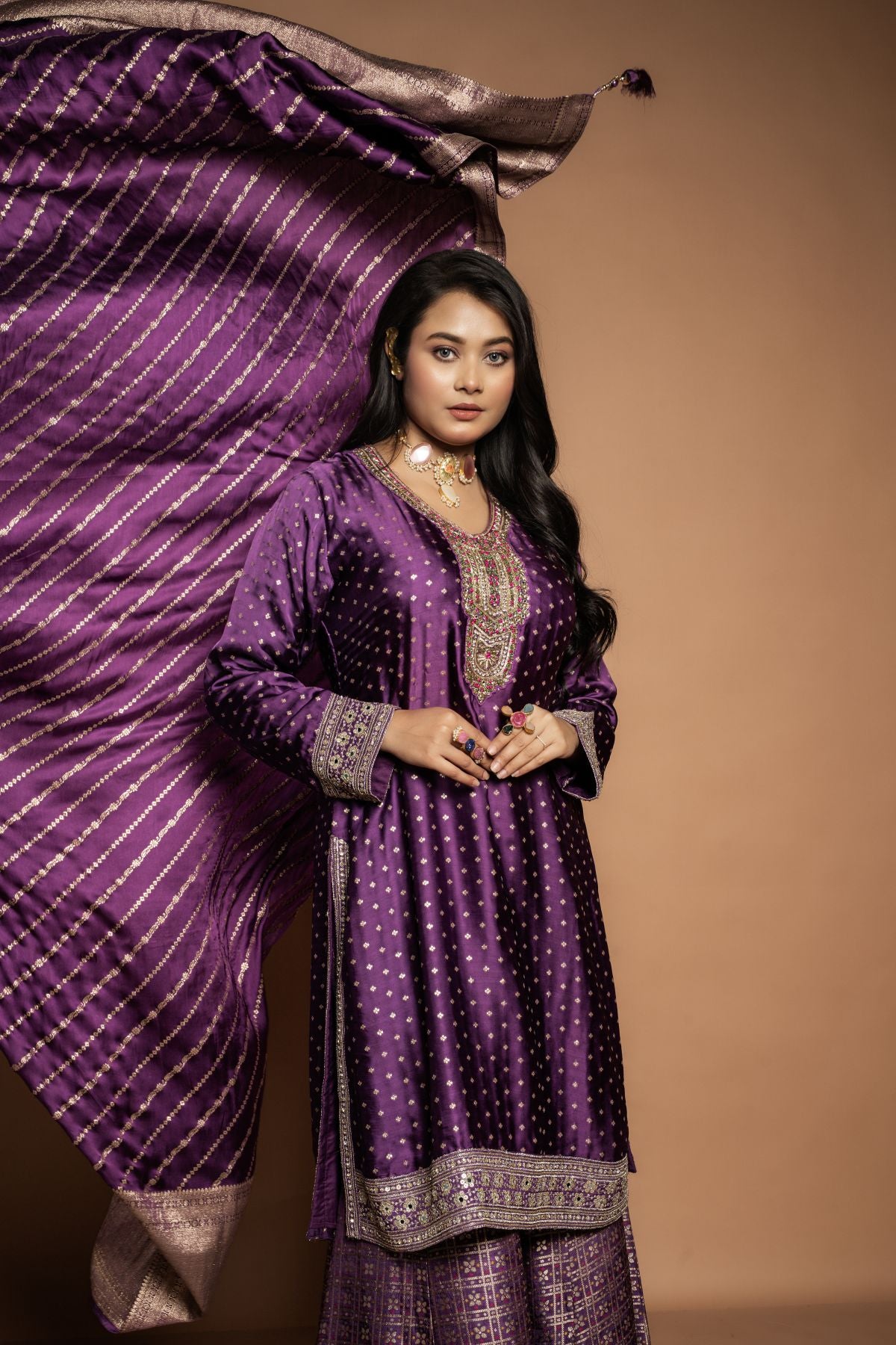Jamini | Premium Satin Silk Kurta Sharara Dupatta Set in Purple