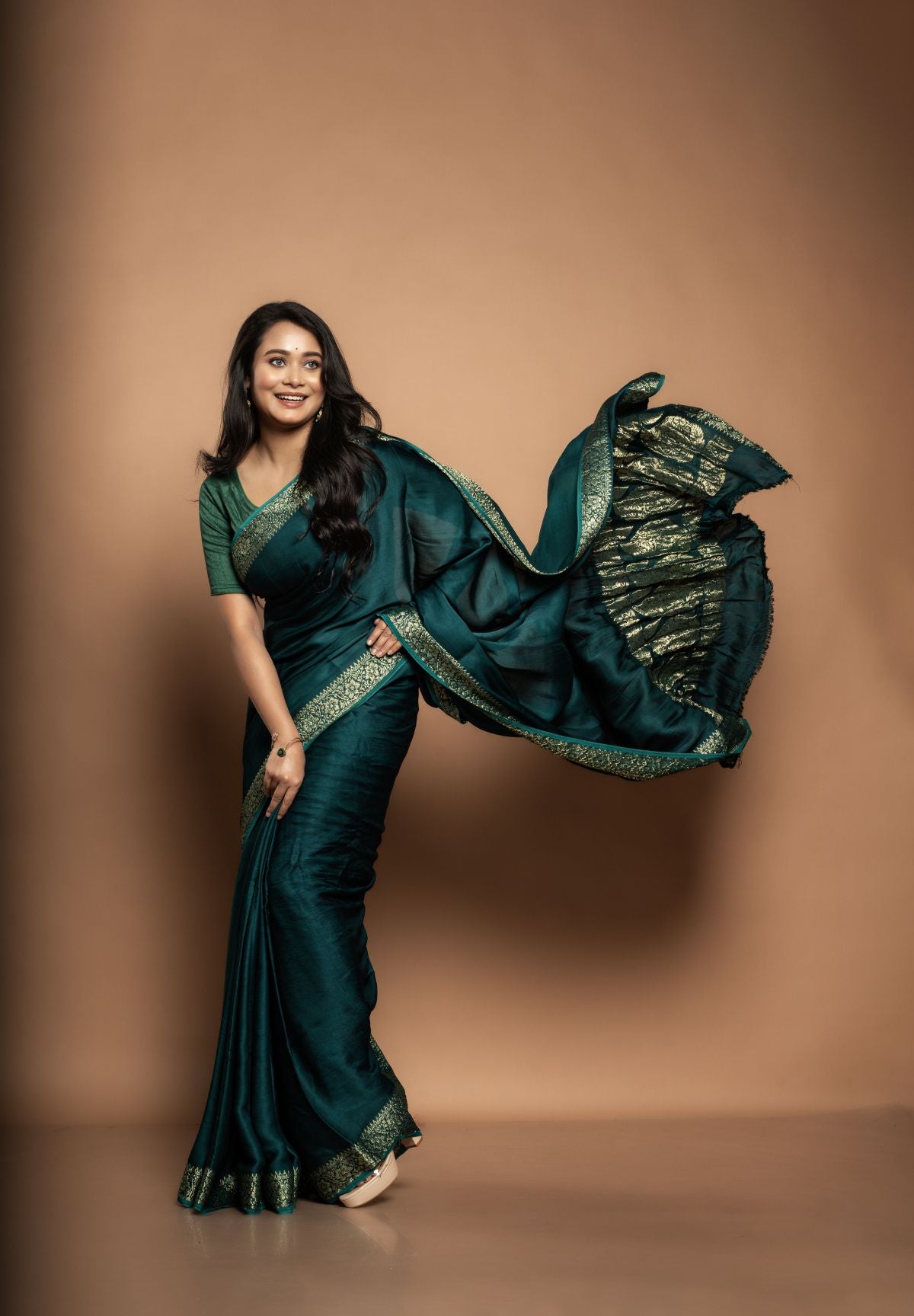 Kalyani | Pure Modal Saree with Zari Work in Teal Green