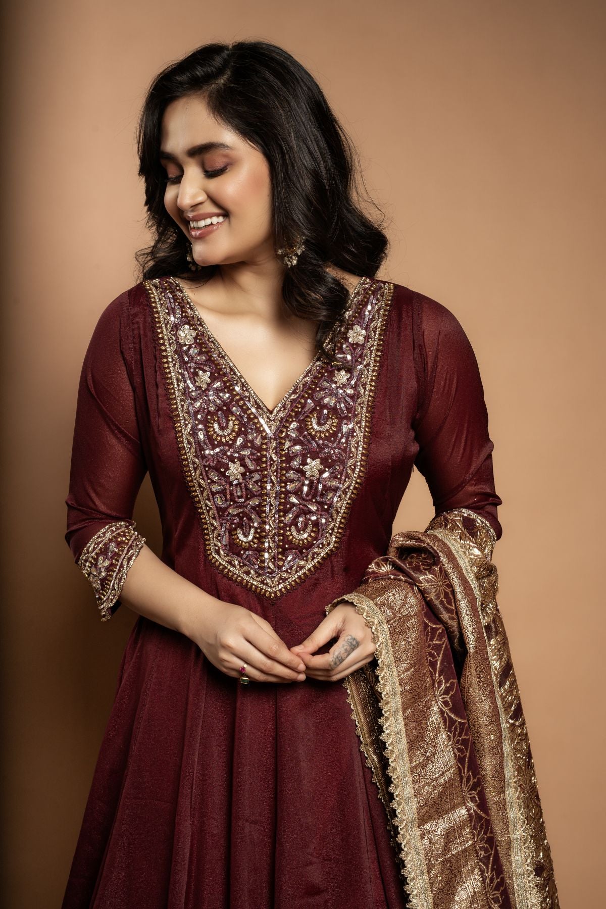 Mahira | Anarkali Pure Organza with Zardozi Work in Wine