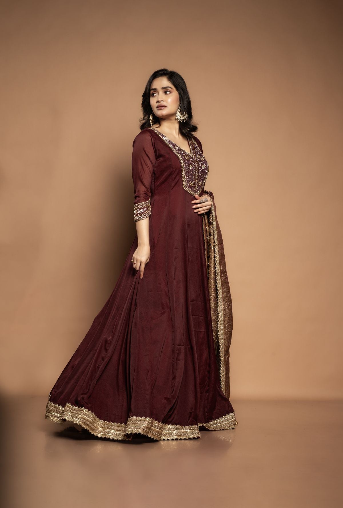 Mahira | Anarkali Pure Organza with Zardozi Work in Wine