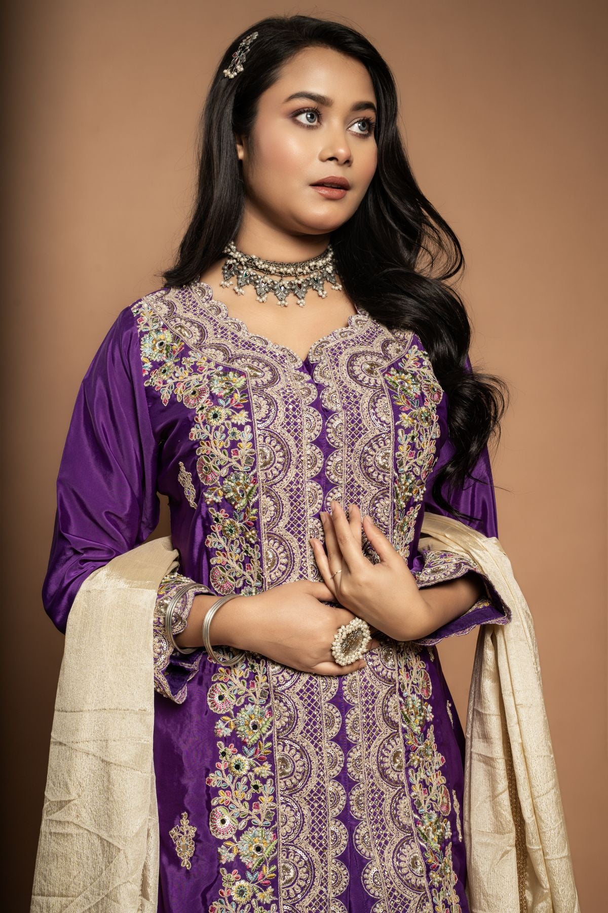 Mallika | Indo-Western Chinon Kurta-Set in Purple and Cream