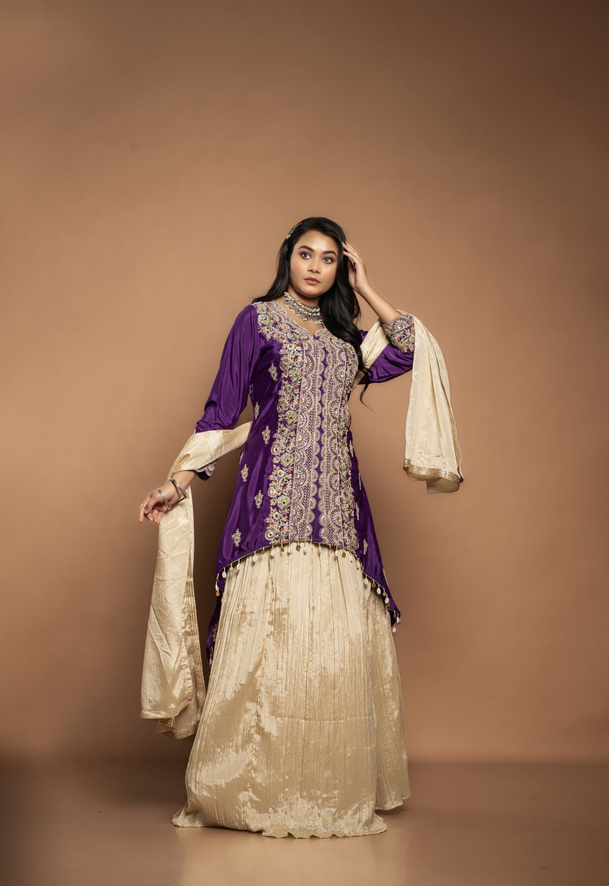 Mallika | Indo-Western Chinon Kurta-Set in Purple and Cream