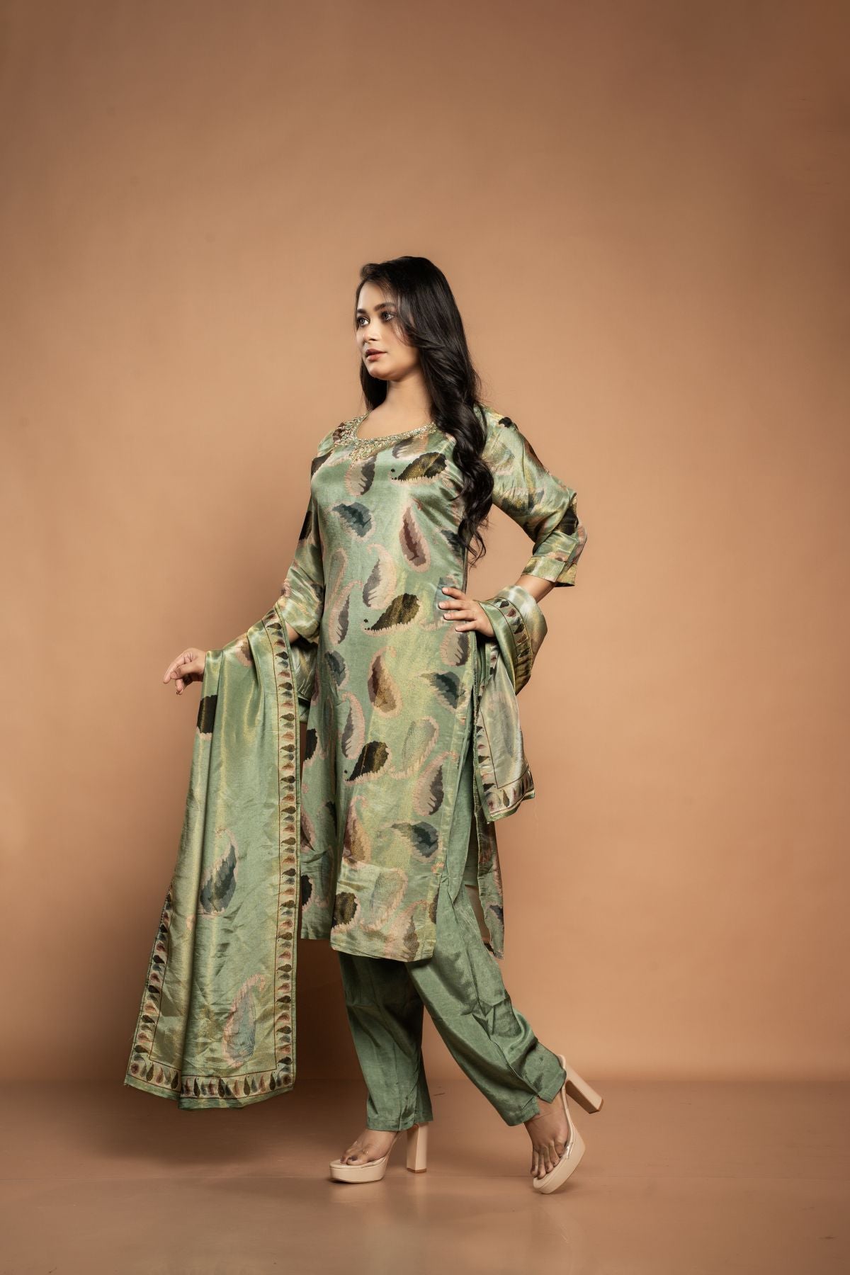 Meher | Pure Tissue Sage Green Salwar Suit