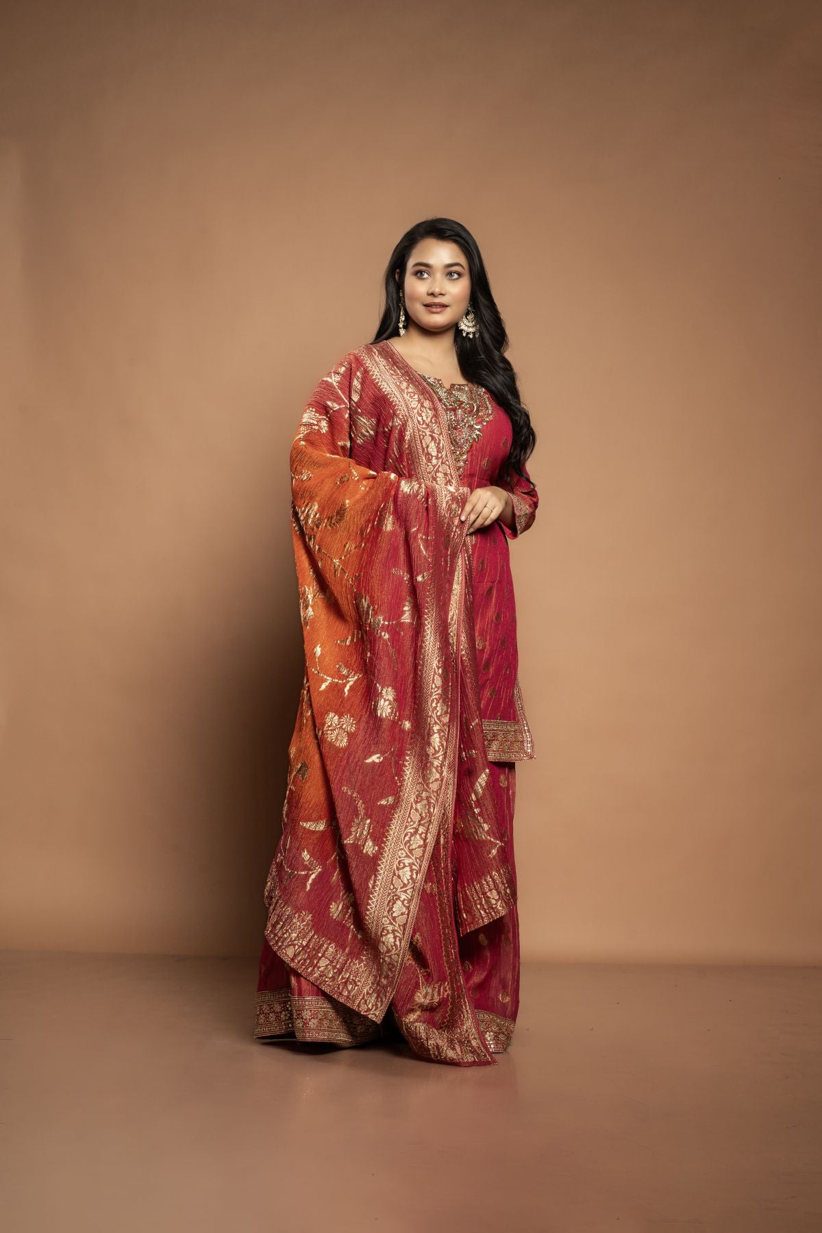 Shikha | Georgette Tissue Sharara Set in Rani Red-Orange