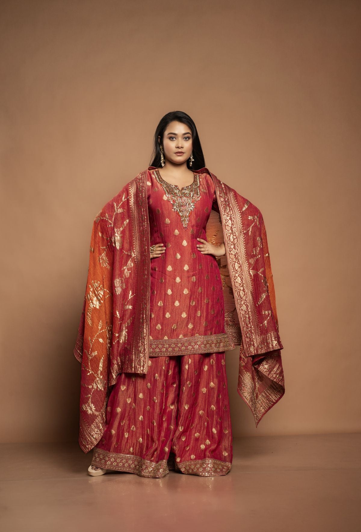 Shikha | Georgette Tissue Sharara Set in Rani Red-Orange
