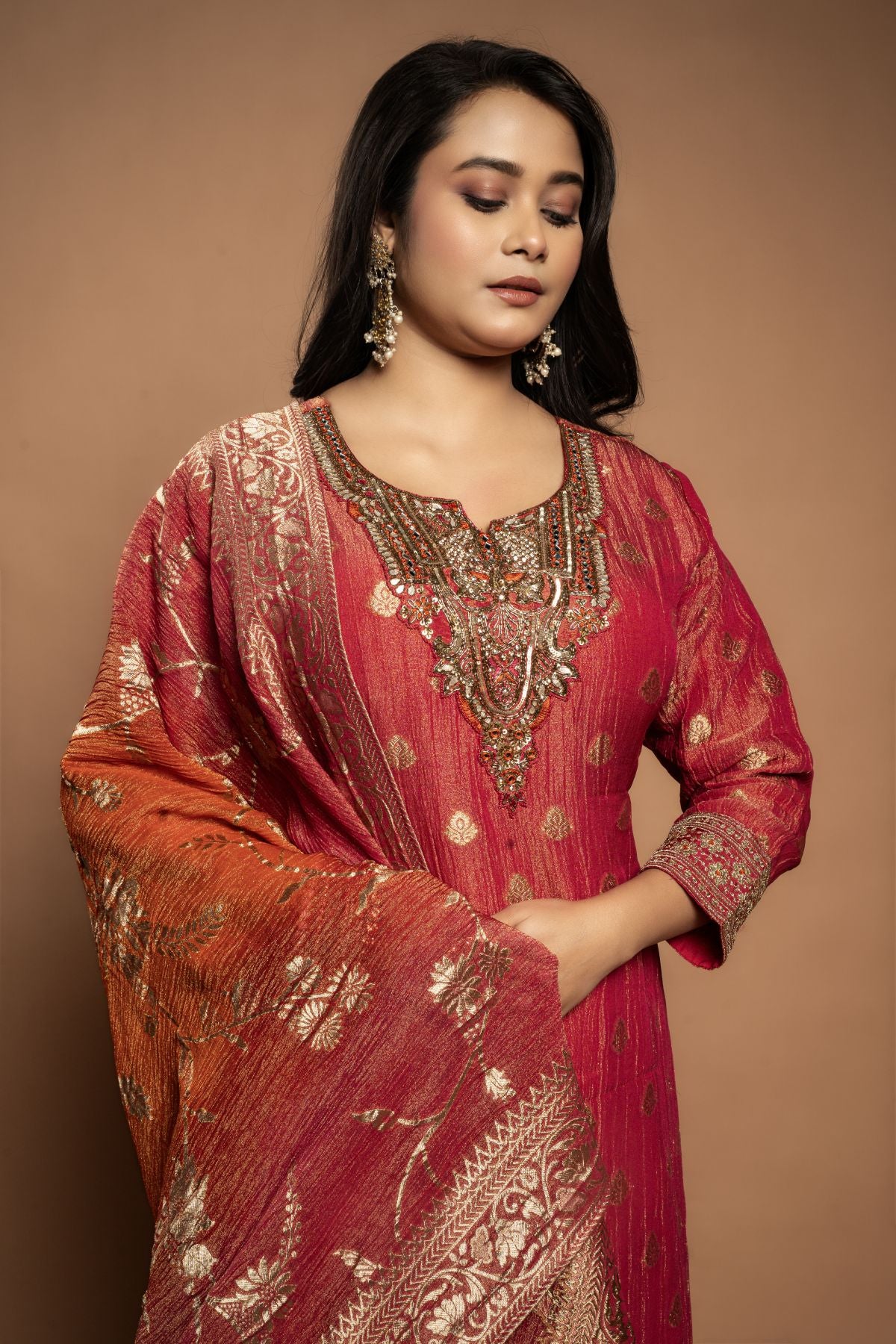 Shikha | Georgette Tissue Sharara Set in Rani Red-Orange