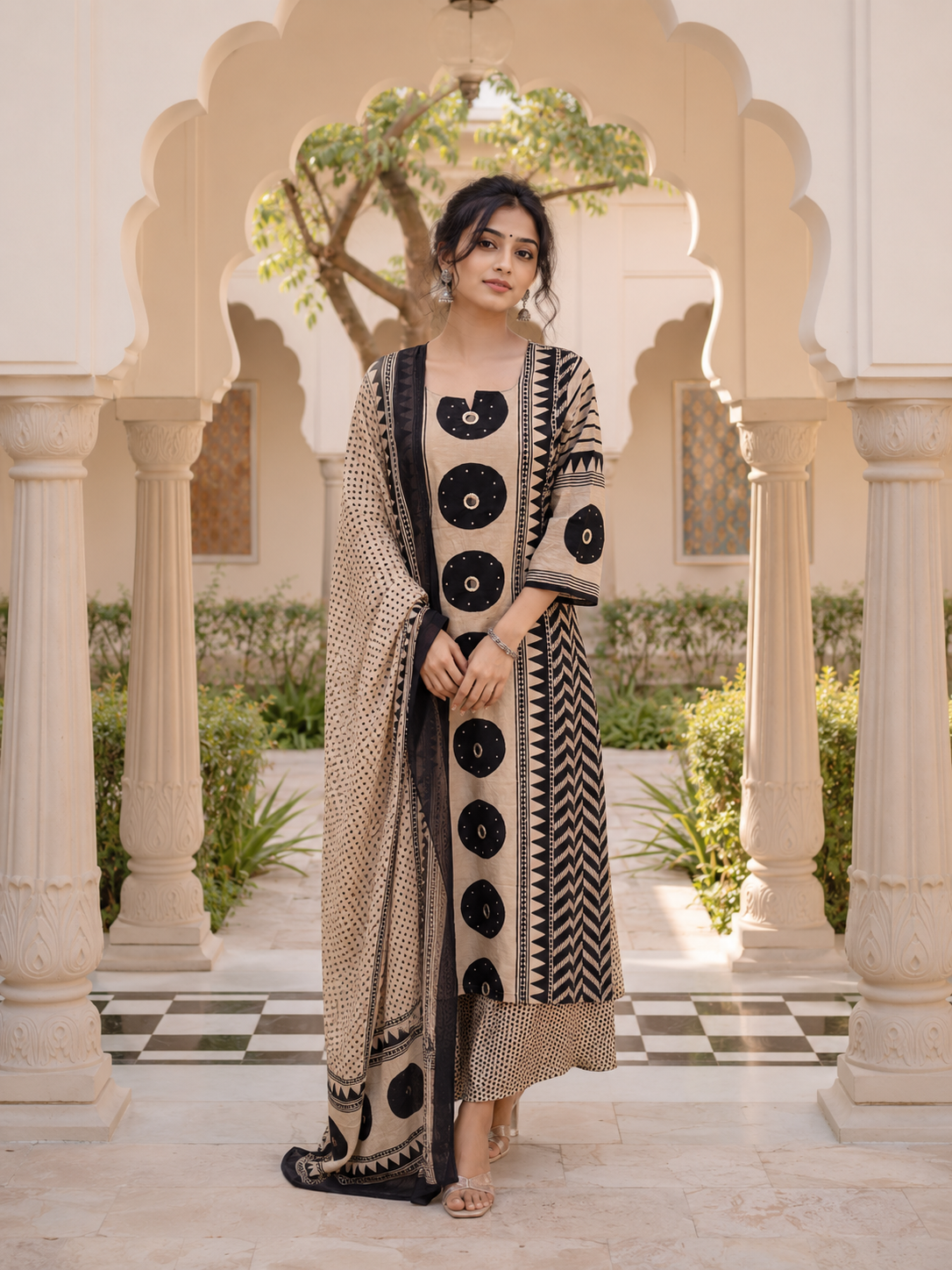 Beige & Black Block Print Cotton Suit Set | Kurta Dupatta | Tathasthu Creations