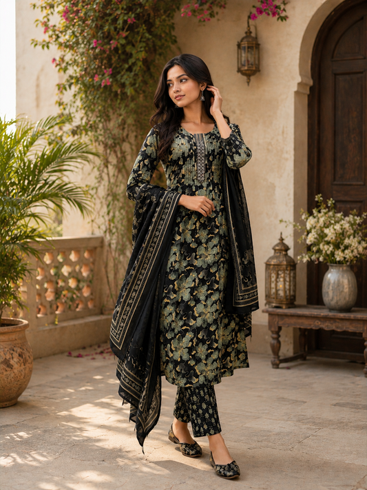 IRA – Pure 100% Cotton Black Printed Suit Set