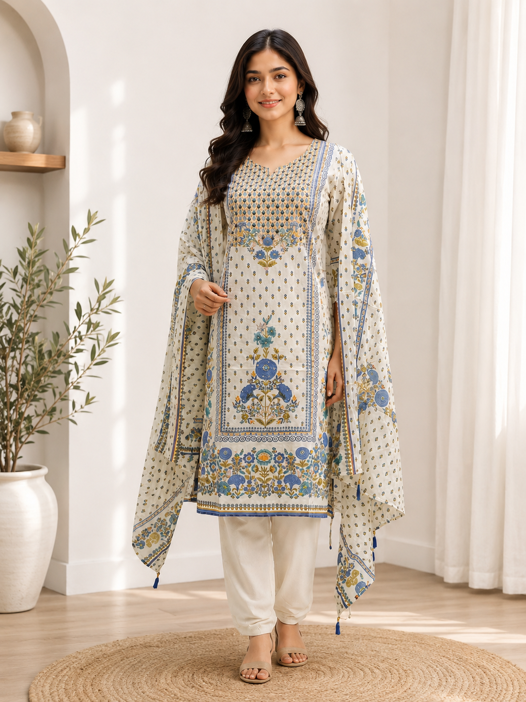 Shaba Premium Lawn Cotton Suit Set – White & Blue Floral Print