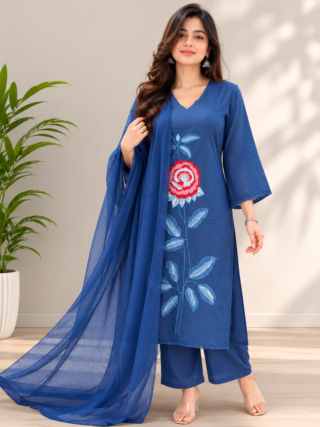 AIRA – Denim Blue Embroidered Suit Set