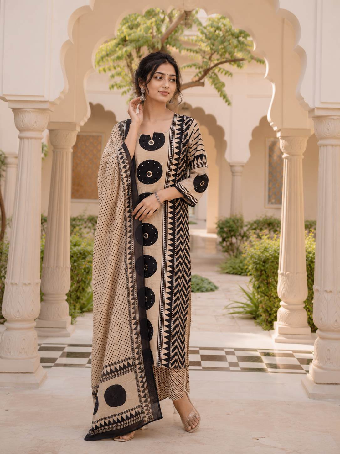 Beige & Black Block Print Cotton Suit Set | Kurta Dupatta | Tathasthu Creations
