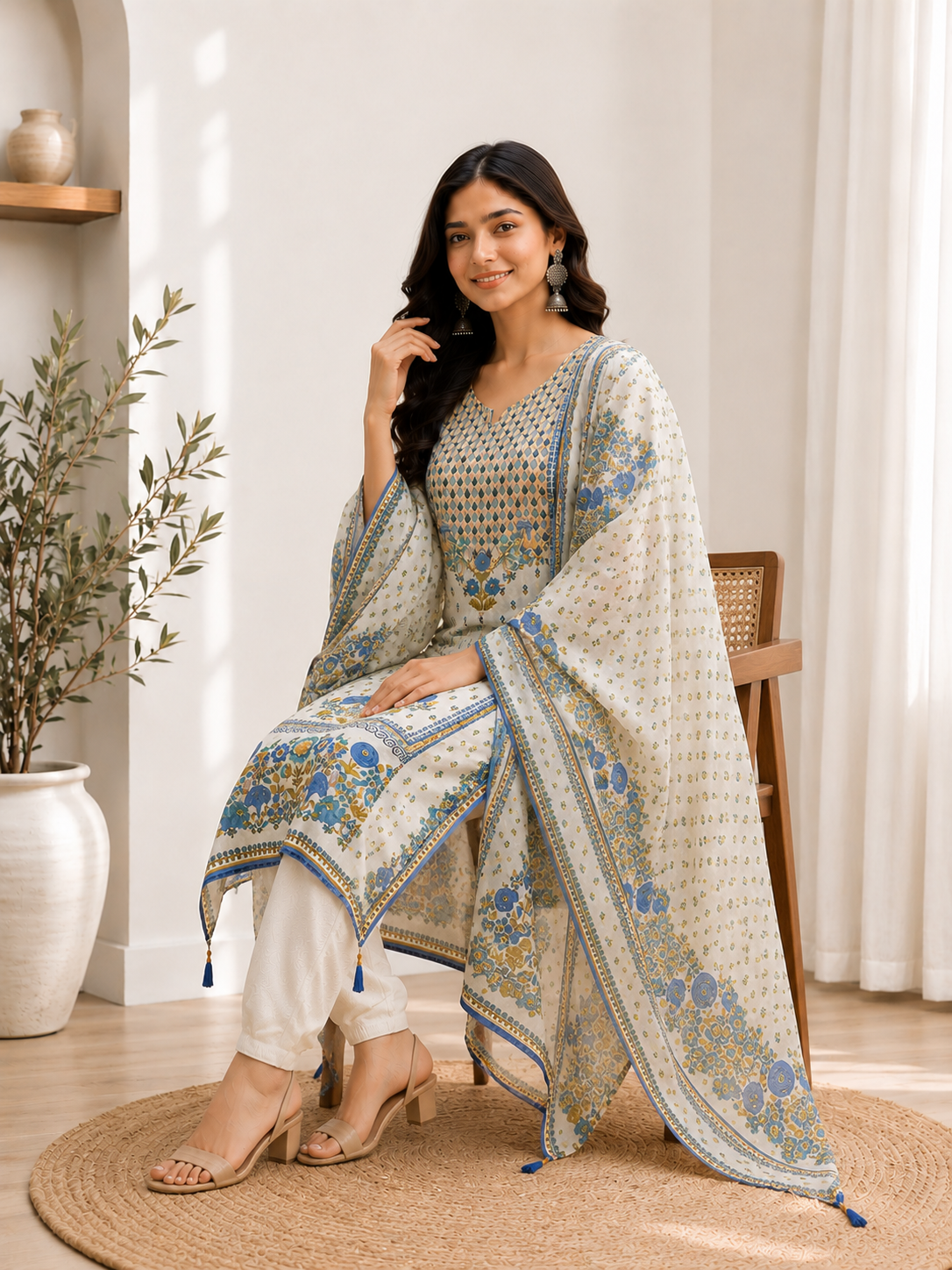 Shaba Premium Lawn Cotton Suit Set – White & Blue Floral Print