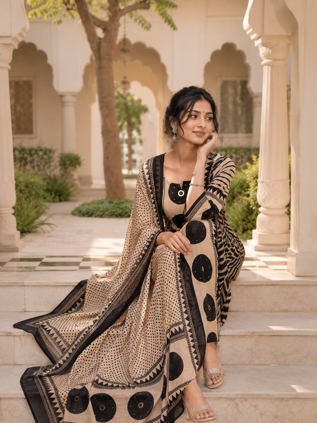 Beige & Black Block Print Cotton Suit Set | Kurta Dupatta | Tathasthu Creations