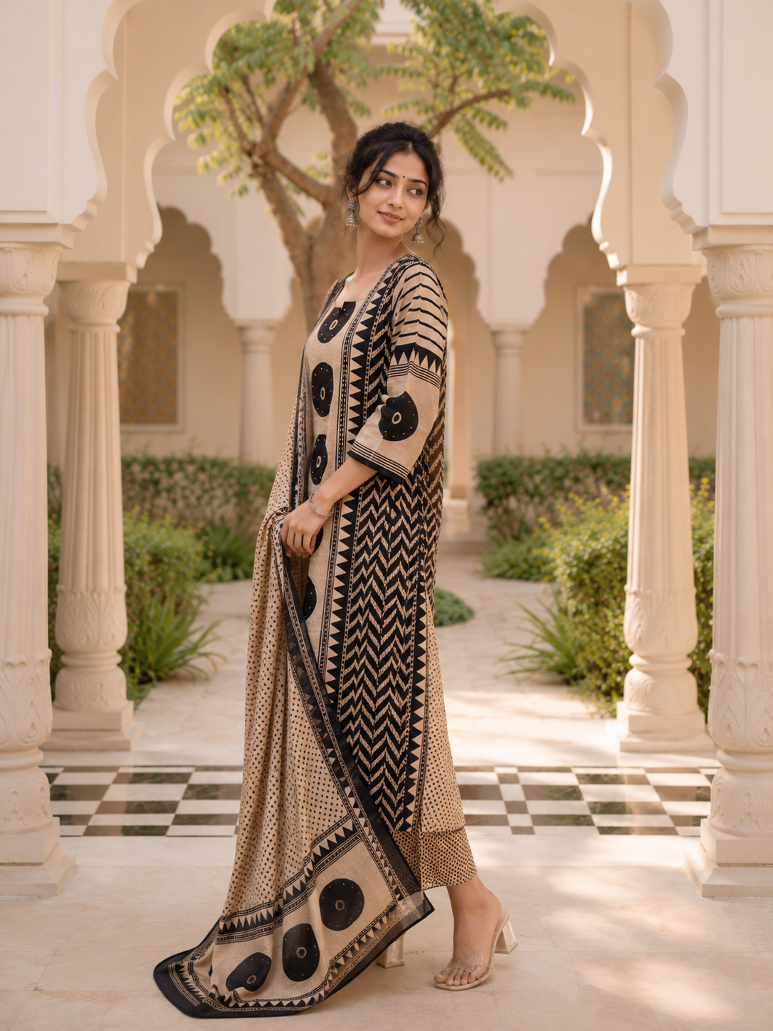 Beige & Black Block Print Cotton Suit Set | Kurta Dupatta | Tathasthu Creations