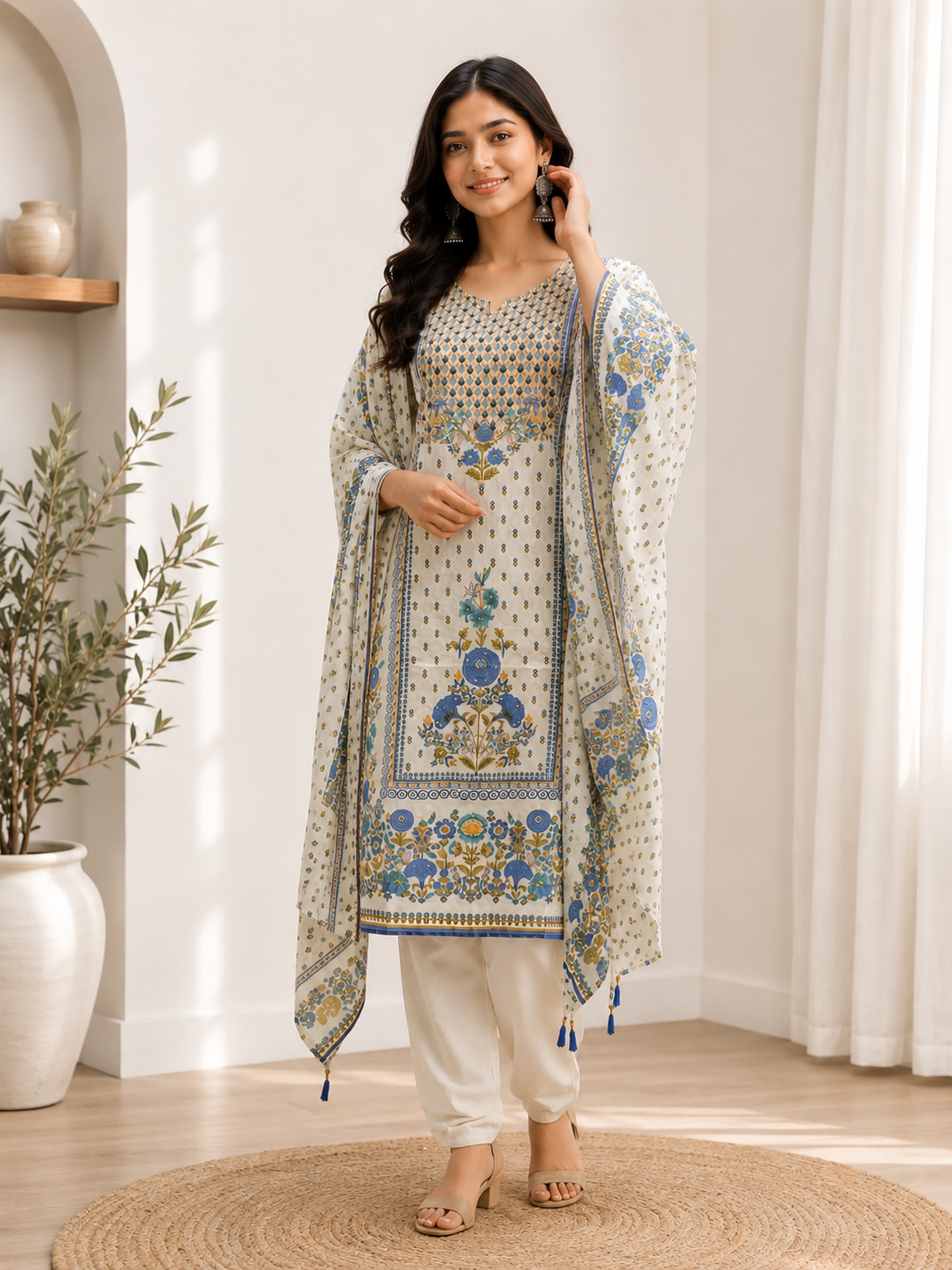 Shaba Premium Lawn Cotton Suit Set – White & Blue Floral Print
