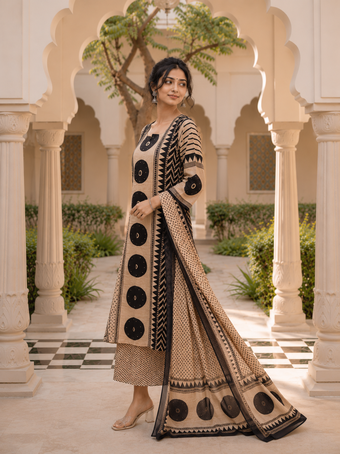 Beige & Black Block Print Cotton Suit Set | Kurta Dupatta | Tathasthu Creations