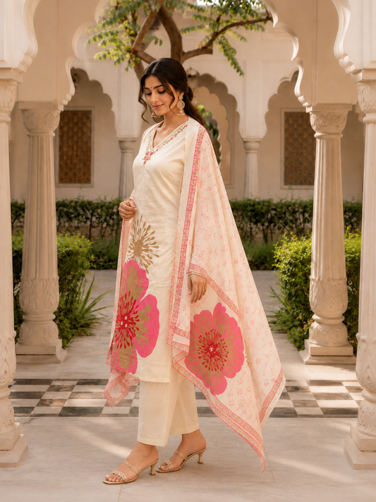 KOMAL – Hand Painted Floral Mul Cotton Suit Set