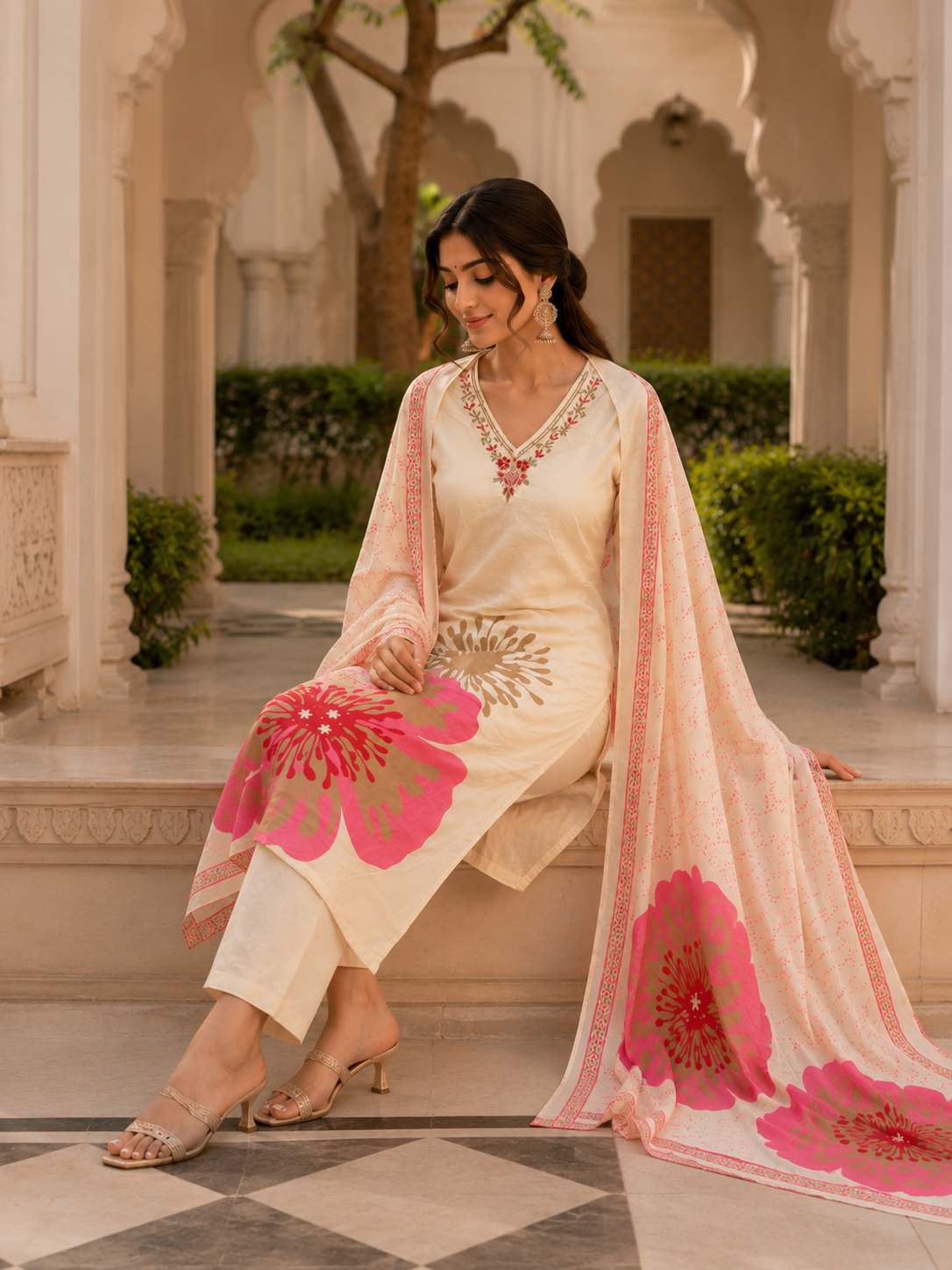 KOMAL – Hand Painted Floral Mul Cotton Suit Set