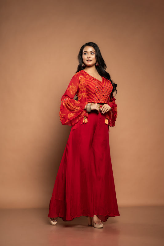 Mohini | Organza Top & Shrug with Flared Pants in Red