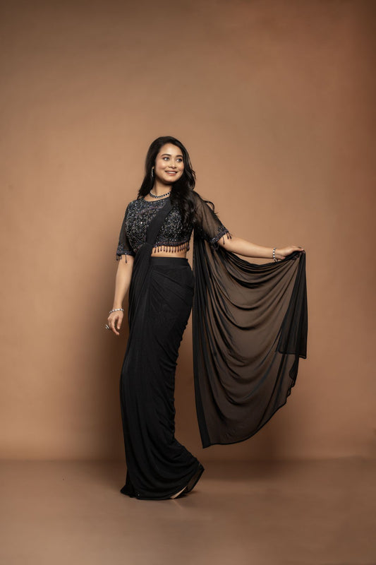 Nyra | Imported Soft Saree with Handwork Designer Blouse in Black
