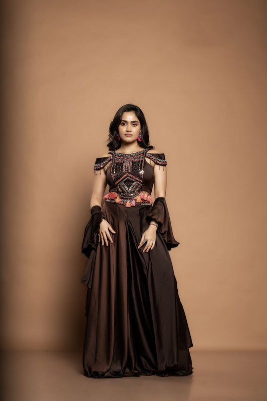 Sienna | Indo-Western Pure Satin Crop-Top Set with Mirror work in Chocolate Brown