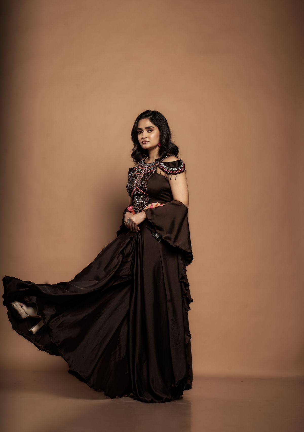 Sienna | Indo-Western Pure Satin Crop-Top Set with Mirror work in Chocolate Brown