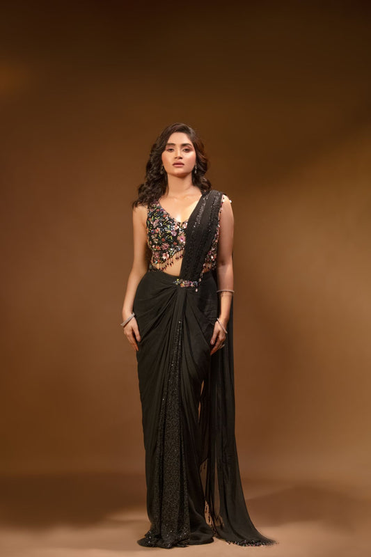 Reeva | Black Ready to Wear Georgette Saree and Blouse