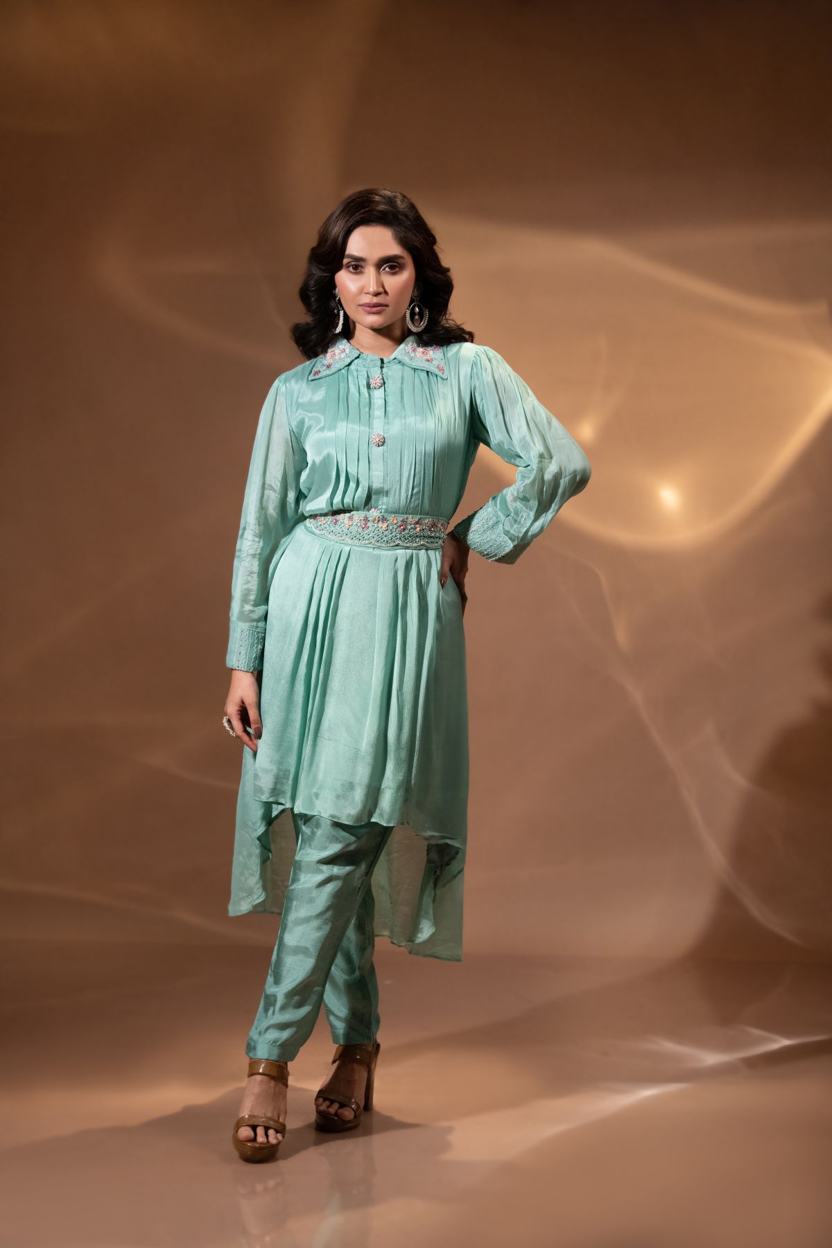 Firoza | Teal Chinnon Indo-Western Co-ord Set