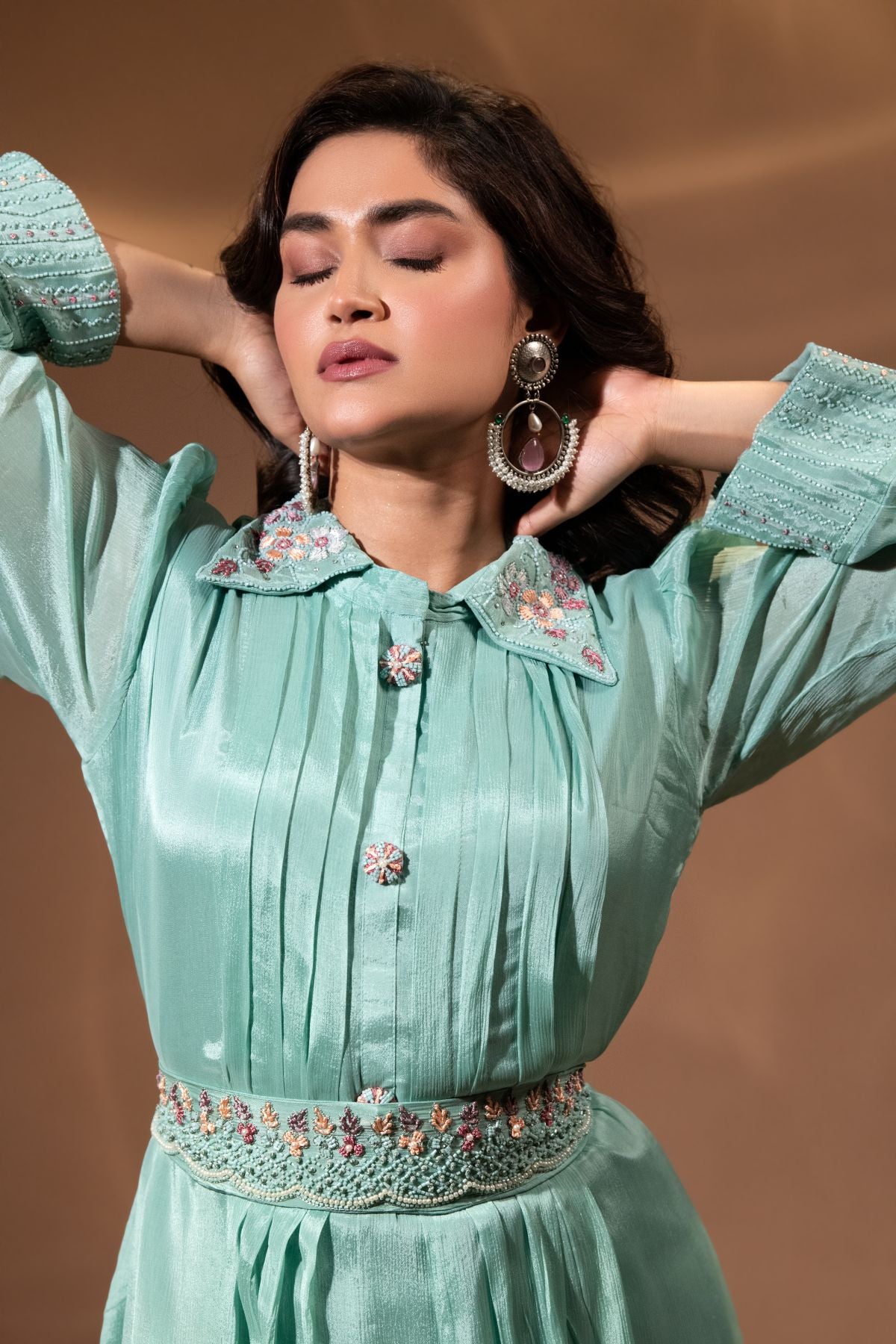 Firoza | Teal Chinnon Indo-Western Co-ord Set