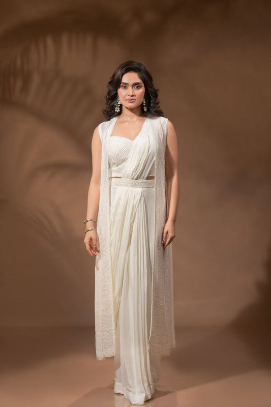 Urvashi | Ivory Georgette Indo-Western Saree