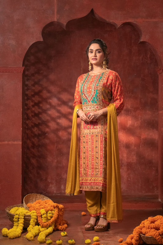 Nalini | Pure Gajji Silk Salwar Suit in Orange