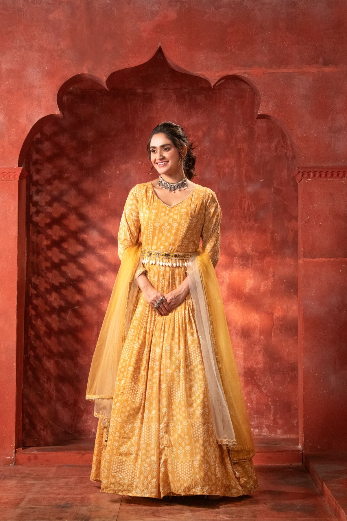 Gaurangi | Chiffon Indian Ethnic Gown in Yellow