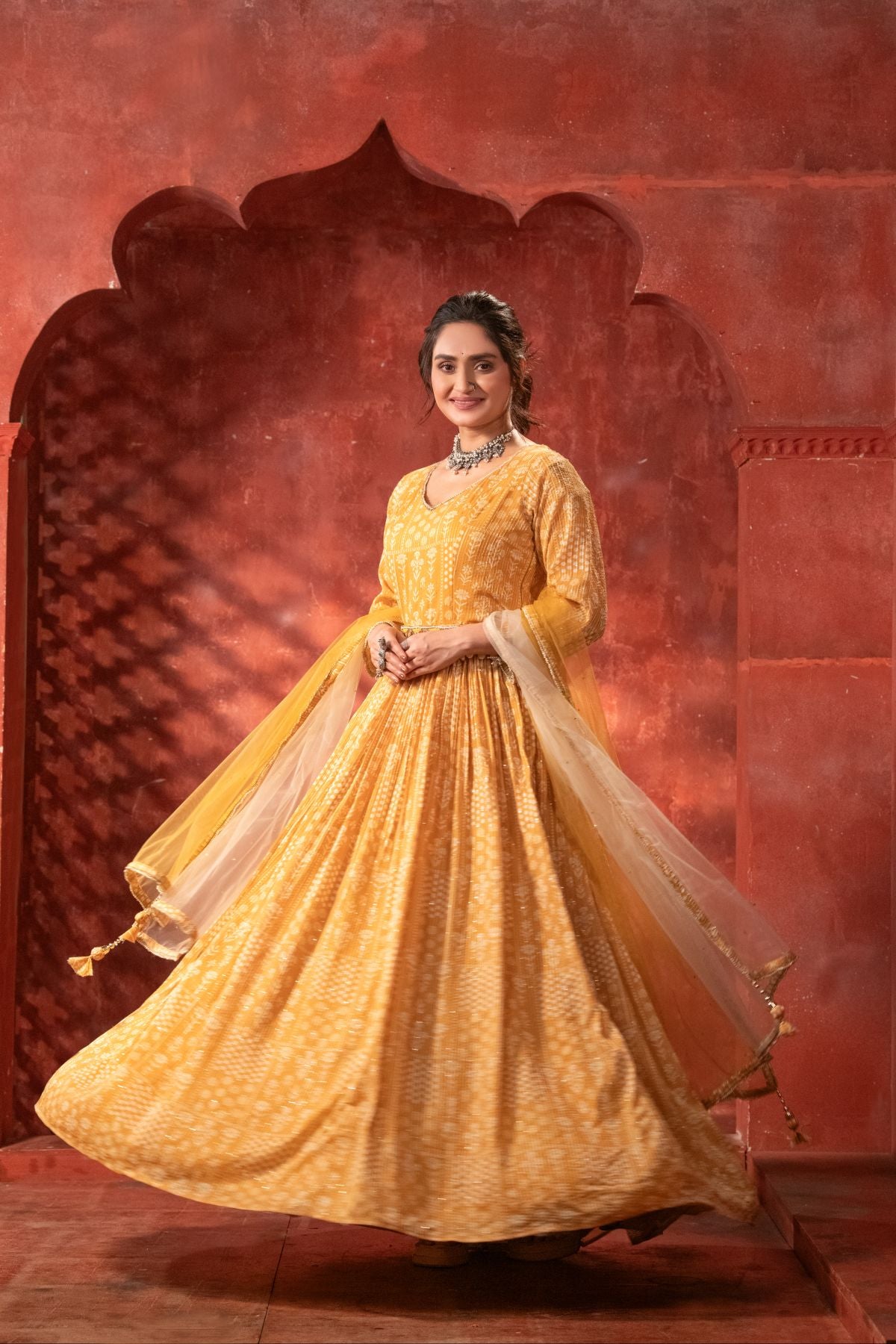 Gaurangi | Chiffon Indian Ethnic Gown in Yellow