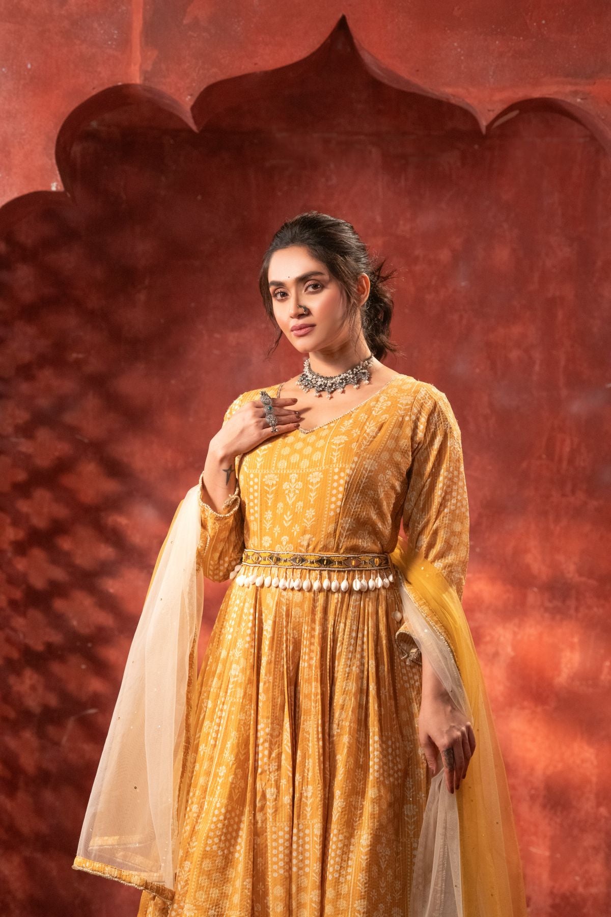 Gaurangi | Chiffon Indian Ethnic Gown in Yellow