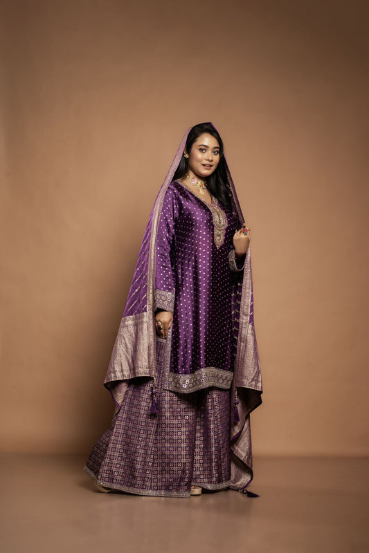 Jamini | Premium Satin Silk Kurta Sharara Dupatta Set in Purple