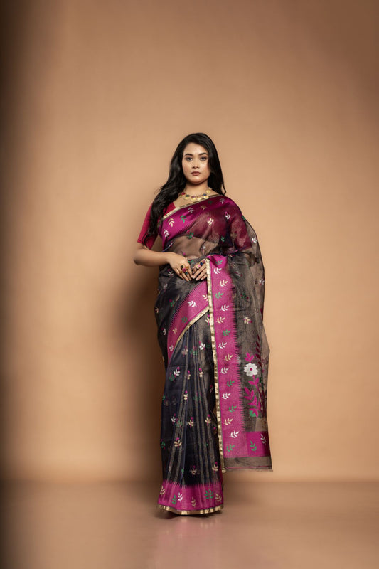 Kalpana | Pure Muslin Tissue Saree with Floral Rani Pink Border in Black